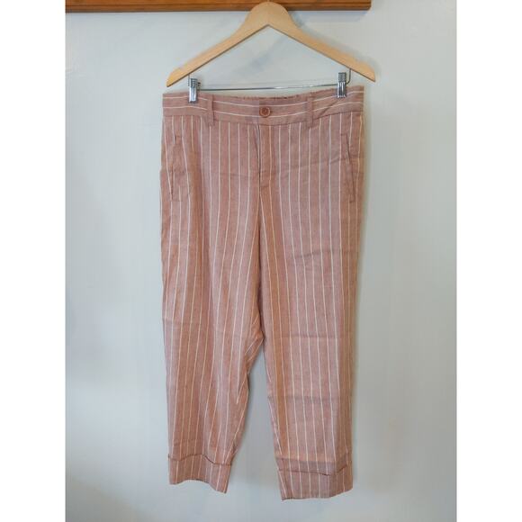 Soft Surroundings Linen Blend Pinstripe Pants Blush Pink Cropped L 55% Linen - Picture 1 of 10